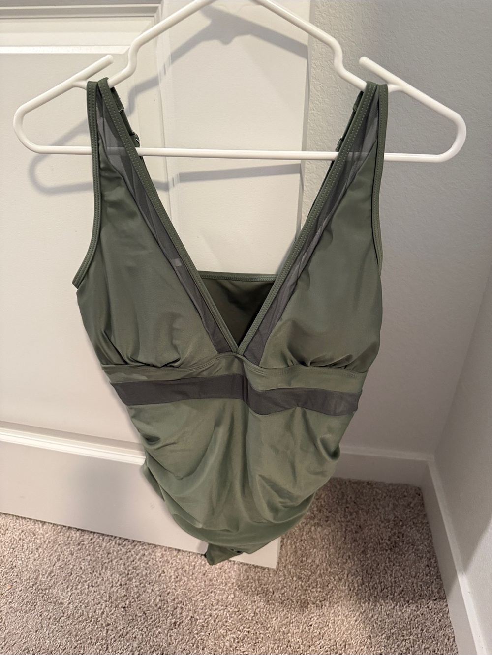 Amazon Olive Green V-Neck One-Piece Swimsuit with Dark Olive Trim